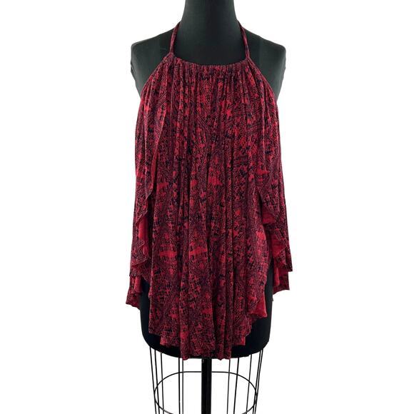 FREE PEOPLE Burgundy Blouse Viscose Asymmetric Printed Back Double Dutch S Small - Picture 1 of 8